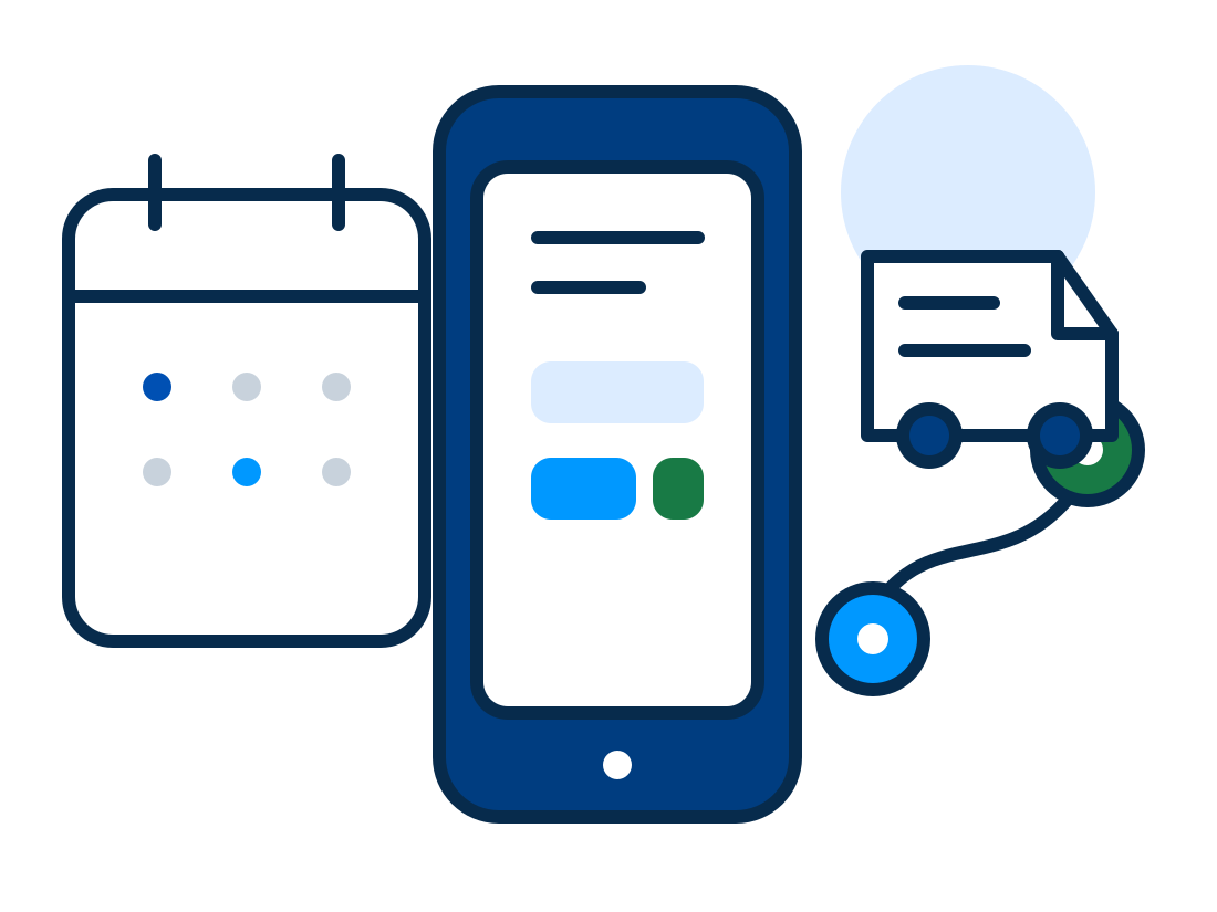 A phone showing a booking screen and a delivery screen